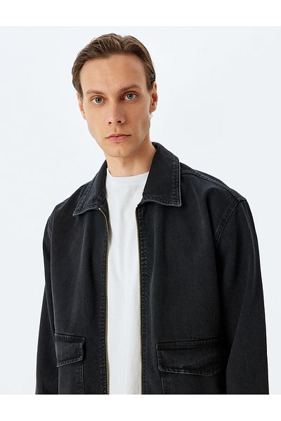Koton Cotton Cap Pocket Detailed Zippered Denim Jacket