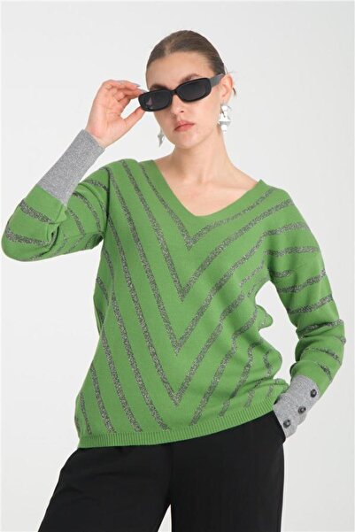 Moda Days Bluză de damă din tricot cu decolteu în V cu sclipici și mâneci cu ...