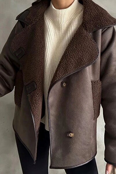 VESS MODA Γυναικείο δερμάτινο μπουφάν oversized σε καφέ χρώμα με επένδυση από γούνα