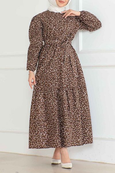 TOFİSA Straight Medium Women's Coffee Print Sleeve Drawstring Dress - 26623