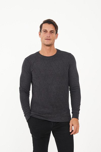 Maccali Men's Neoflex Crew Neck Print Long Basic Anthracite Sweatshirt