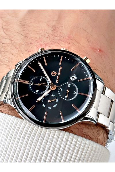DAVID GUNER Function Silver-Black Color Steel Band Men's Wrist Watch 8229B