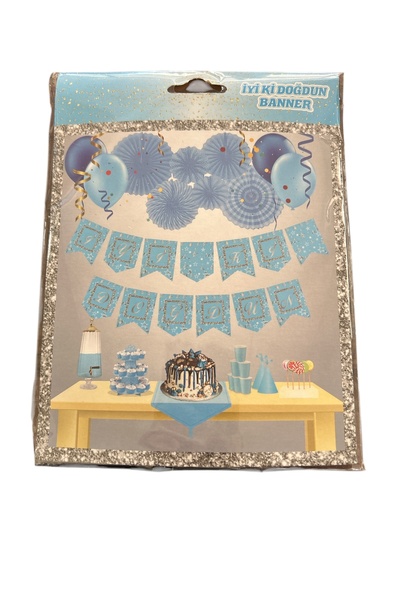 partideyince Banner with the Words "Happy Birthday" Blue Gray Lettering Birth...