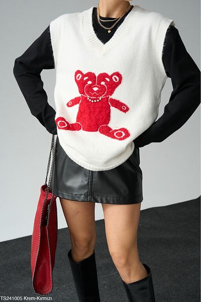Lupies Women's Cream V-Neck Teddy Bear Stone Sweater