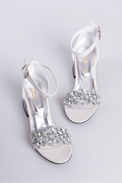 CAMOLLA Pantofi de seară cu toc pentru fete cu detaliu de piatră transparentă argintie