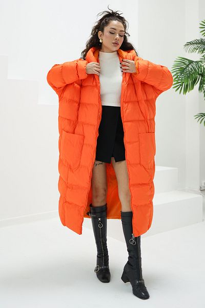 TOFİSA Straight Hooded Collar Women's Orange Long Puffer Coat - 26602