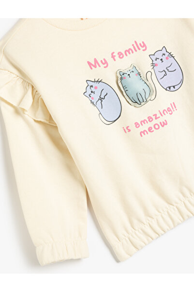 Koton Sweatshirt Uzun Kollu Kedi Baskılı Bisiklet Yaka Fırfır Detaylı Pamuklu Şardonlu