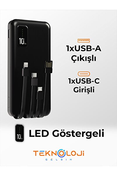 Teknoloji Gelsin 10.000 mAh Powerbank ElFenerli Dijital Led Gösterge Kendinden Kablolu Taşınabilir Şarj Aleti 4 Çıkış