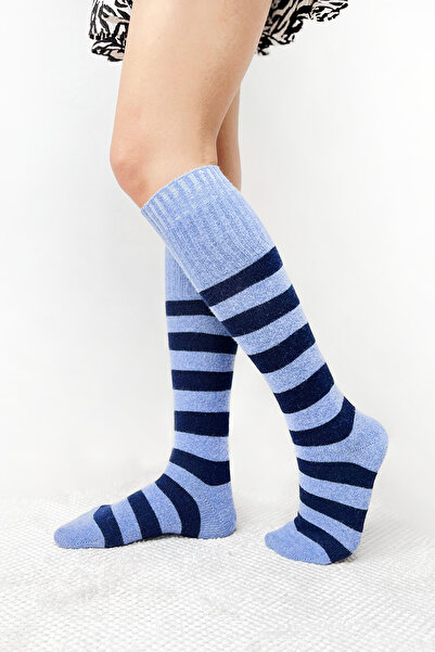 Buluş Organic Синьо - Тъмносини раирани дамски зимни чорапи до коляното от ново поколение