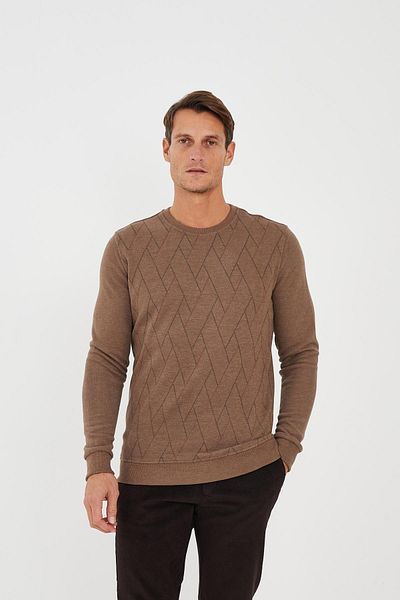 Maccali Men's Neoflex Crew Neck Print Long Basic Brown Sweatshirt