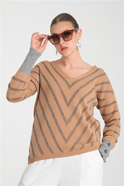 Moda Days Bluză de damă, bej lurex, cu decolteu în V, cu mâneci cu nasturi