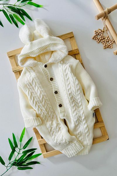 Minigimin Cicileri Baby Winter Jumpsuit with Welsoflu Knitwear Ear Detail Inside My Mini - Cream