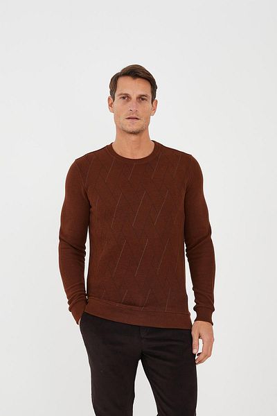 Maccali Men's Neoflex Crew Neck Print Long Basic Cinnamon Sweatshirt