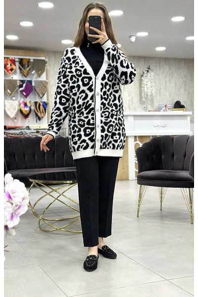 Nefise Μακριά ζακέτα με σχέδιο Angora Leopard