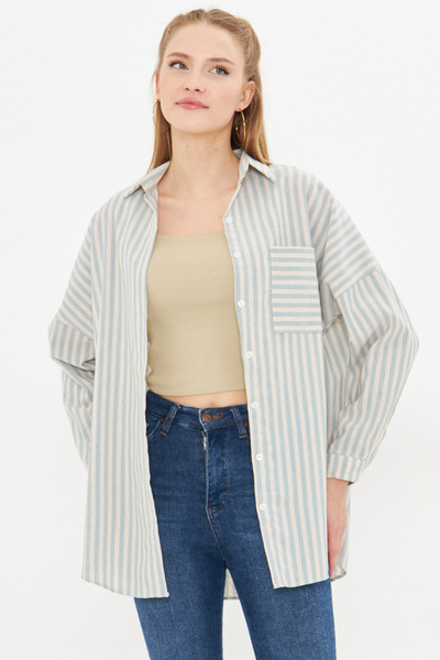 armonika Women's Mint Stripe Long Sleeve Pocket Detail Pleated Oversize Shirt Arm-24Y 001057