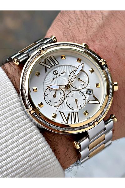 DAVID GUNER Function Silver-Gold Color Steel Band Men's Wrist Watch 8273D1