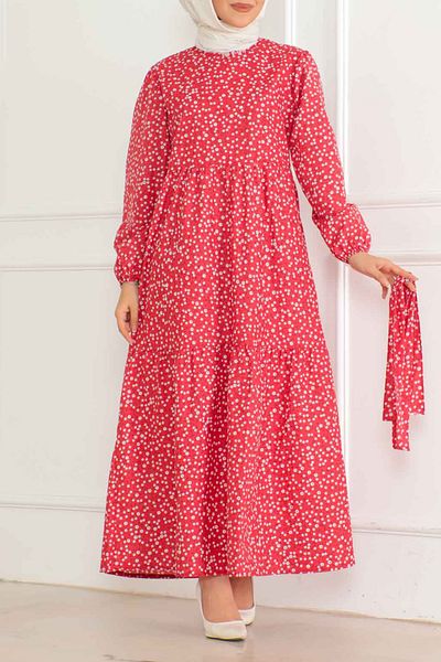 TOFİSA Straight Medium Women's Red Print Sleeve Drawstring Dress - 26623