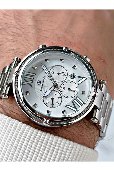 DAVID GUNER Function Silver Color Steel Band Men's Wrist Watch 8273A1