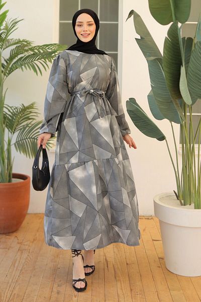 TOFİSA Straight Medium Women's Gray Print Sleeve Drawstring Dress - 26620