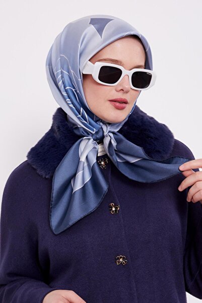 Levidor Mavi Gül Desen Twill Ipek Eşarp