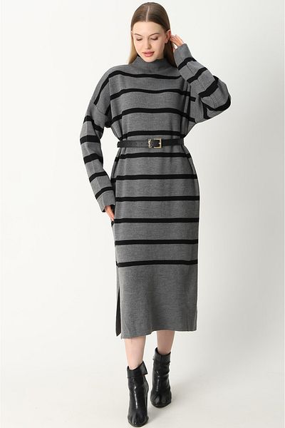 VEGENZE Rochie de damă, antracit, neagră, cu dungi lungi, tricotate
