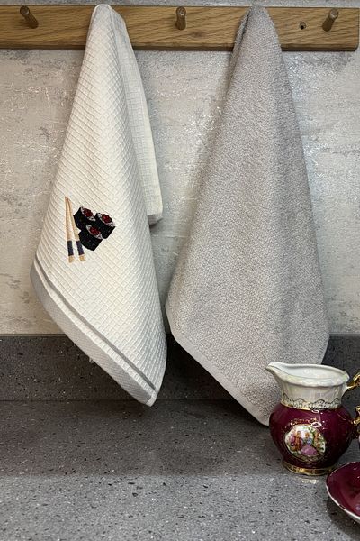 Sevim Kitchen Towel Set of 2 - Light Grey & Sushi Figured - 100% Cotton 40X60 cm