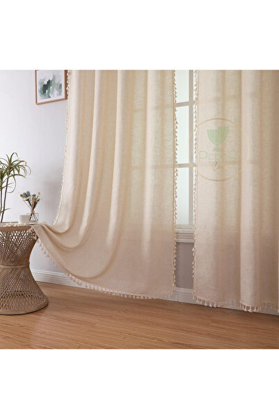 Perdeplus Keten Bohem Tarz Püsküllü Tasarım Fon Perde