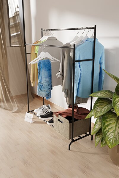 reflekta Siyah Metal Elbise Askılığı İkili Konfeksiyon Askısı Ayakkabılık Por...