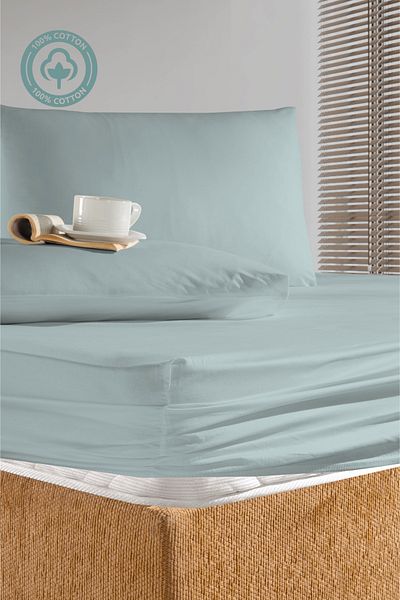 CEMETEKS FİRUZE 100% Cotton Mint Single Ranforce Fabric Fitted Sheet Pillowcases Set /100X200/120X200/