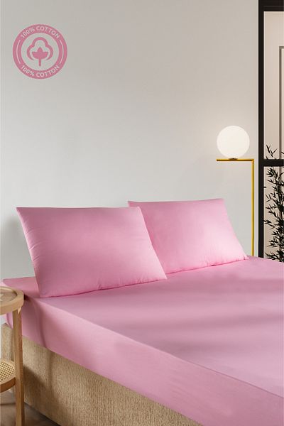 CEMETEKS FİRUZE 100% Cotton Pink Single Ranforce Fabric Fitted Sheet Pillowcases Set /100X200/120X200/