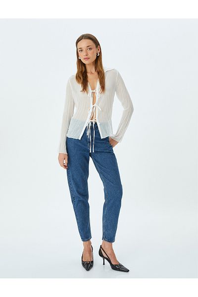 Koton High Waist Loose Fit Straight Short Leg Button-Down Cotton Jeans with Pockets - Mom Jean