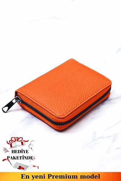 VANİLLA COLLECTİON Unisex Vegan Leather Zippered Orange Wallet in Card Holder and Portfolio Gift Package
