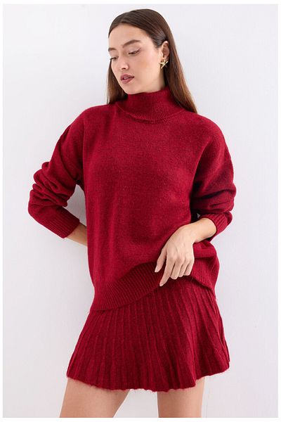 Fym Red Turtleneck Sweater Pleated Mini Skirt Bottom Top Knitwear Set