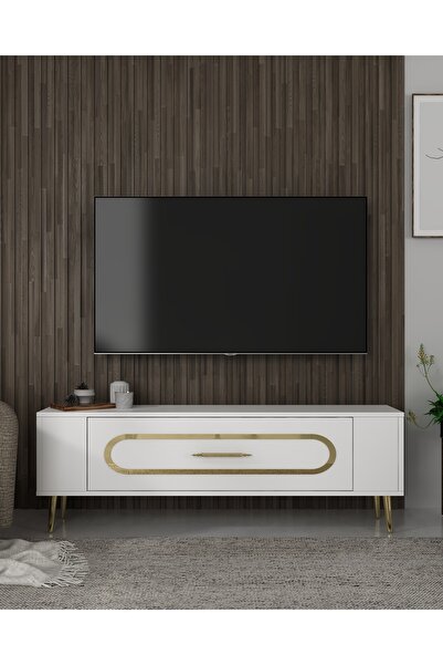 DEMONTE DECOR RETROP3DD TV SEHPASI BEYAZ-ALTIN