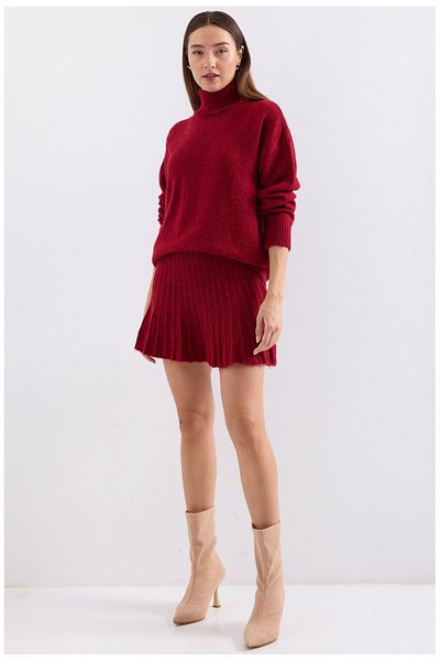 Fym Red Turtleneck Sweater Pleated Mini Skirt Bottom Top Knitwear Set