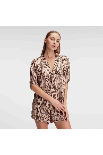 Anıl 9898 Short Sleeve V-Neck Women's Viscose Leopard Print Summer Shirt and Shorts Set