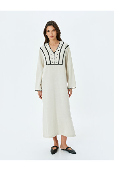 Koton Übergroßes, langes Kleid mit V-Ausschnitt und Leinenmischung