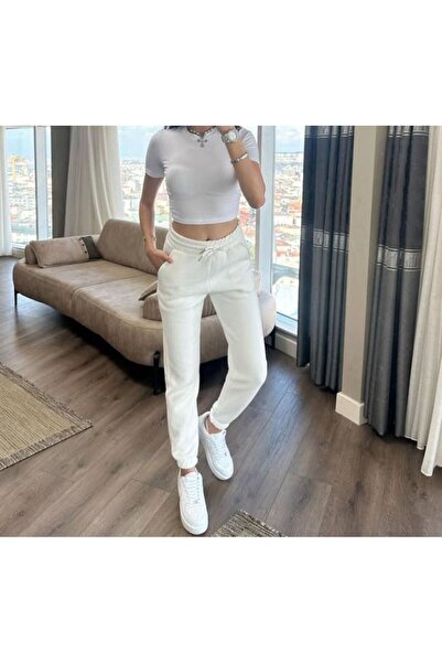 FİTGO Ženske bele trećnjeve trenerke L Elastični porub