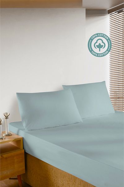 CEMETEKS FİRUZE 100% Cotton Mint Single Ranforce Fabric Fitted Sheet Pillowcases Set /100X200/120X200/