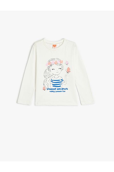 Koton Cotton Long Sleeve T-Shirt - Crew Neck and Print Detail