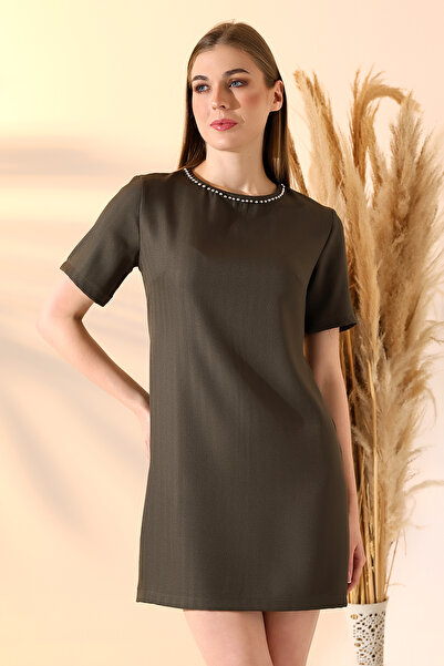 DİVİSTA Rochie de damă cu mânecă scurtă, cu guler de culoare verde