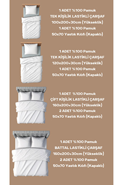 CEMETEKS FİRUZE 100% Cotton Beige Single Ranforce Fabric Fitted Sheet Pillowcases Set /100X200/120X200/