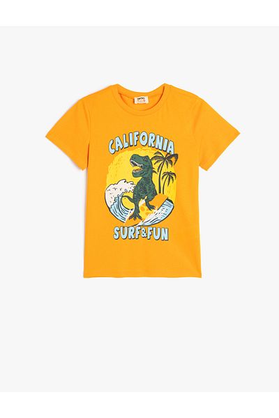 Koton Dinosaur Printed Cotton Short Sleeve T-Shirt - Crew Neck
