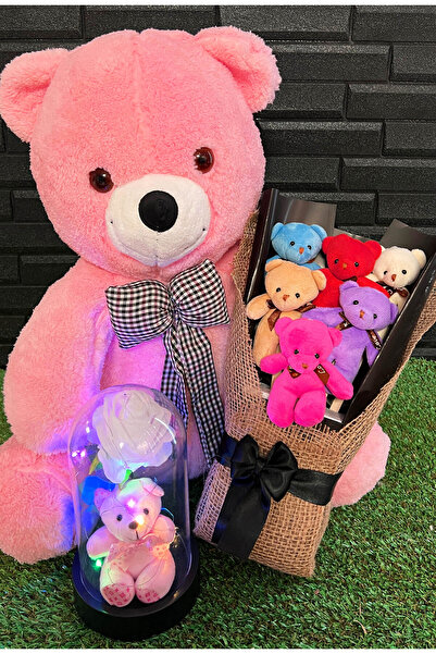 lenostra Kiz Arkadasa Hediye Pembe Ayıcık Güllü Ayıcıklı Fanus Ve Rengarenk A...