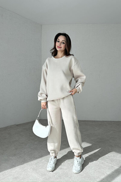 YAKAMEL Set de trening oversize cu gât rotund, cu 3 fire, pentru femei