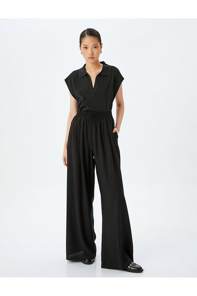 Koton Comfortable Fit Wide Leg High Waist Pants with Elastic Waist Pockets
