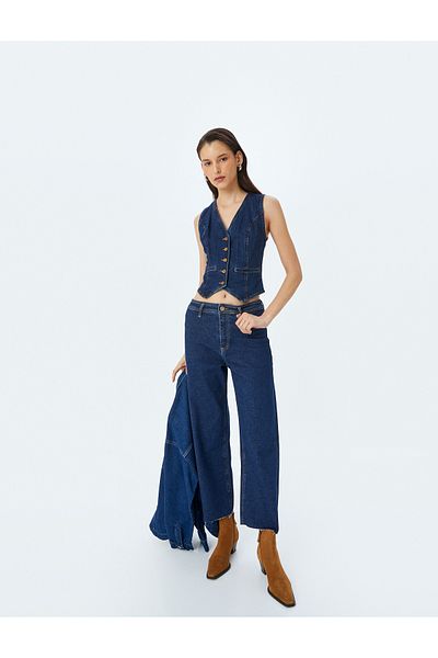 Koton Wide Cut-Out Leg Buttoned Regular Waist Jeans - Culotte Jean