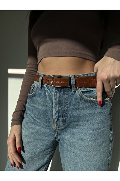 coaksco Curea de damă maro cu model crocodil cu cataramă aurie