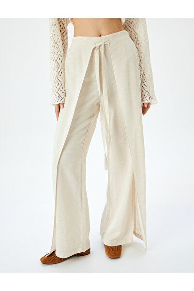 Koton Yüksek Bel Kruvaze Detaylı Yanları Yırtmaçlı Keten Karışımlı Pantolon