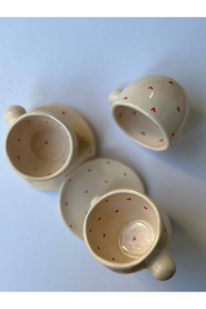 KABİLE SERAMİK El yapımı Kalpli Seramik Kupa Fincan Alt tabaklı